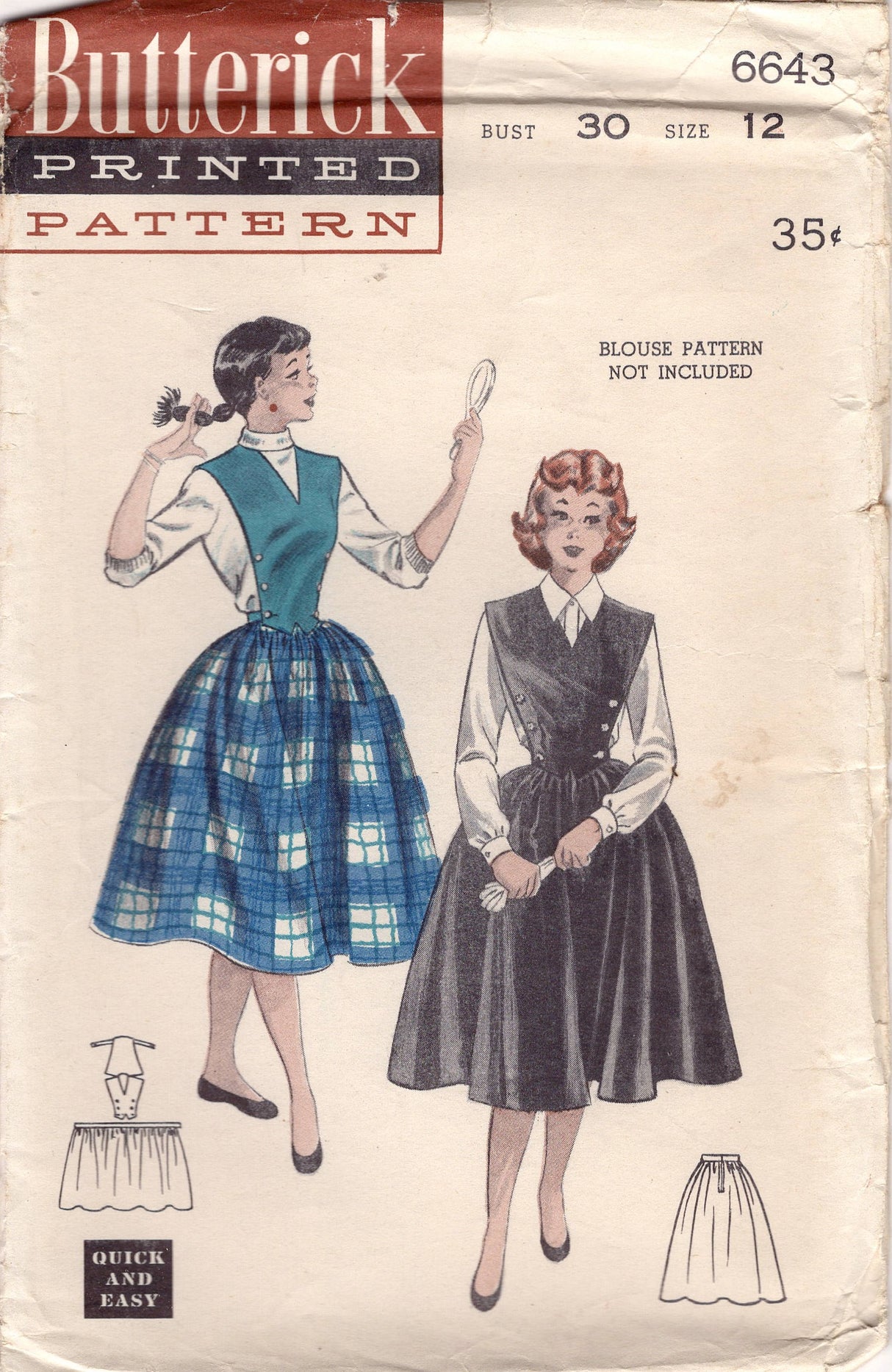 1950's Butterick Gathered Full Skirt and Pull-over Poncho Pattern - Bust 28-30" - No. 6643