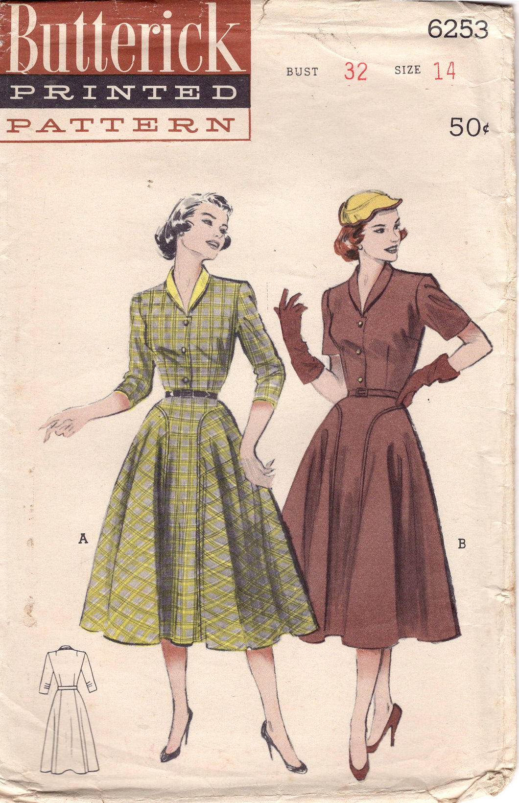 1950's Butterick Shirtwaist Dress Pattern with Accent Panel Skirt and Short Sleeve or 3/4 Sleeves - Bust 32