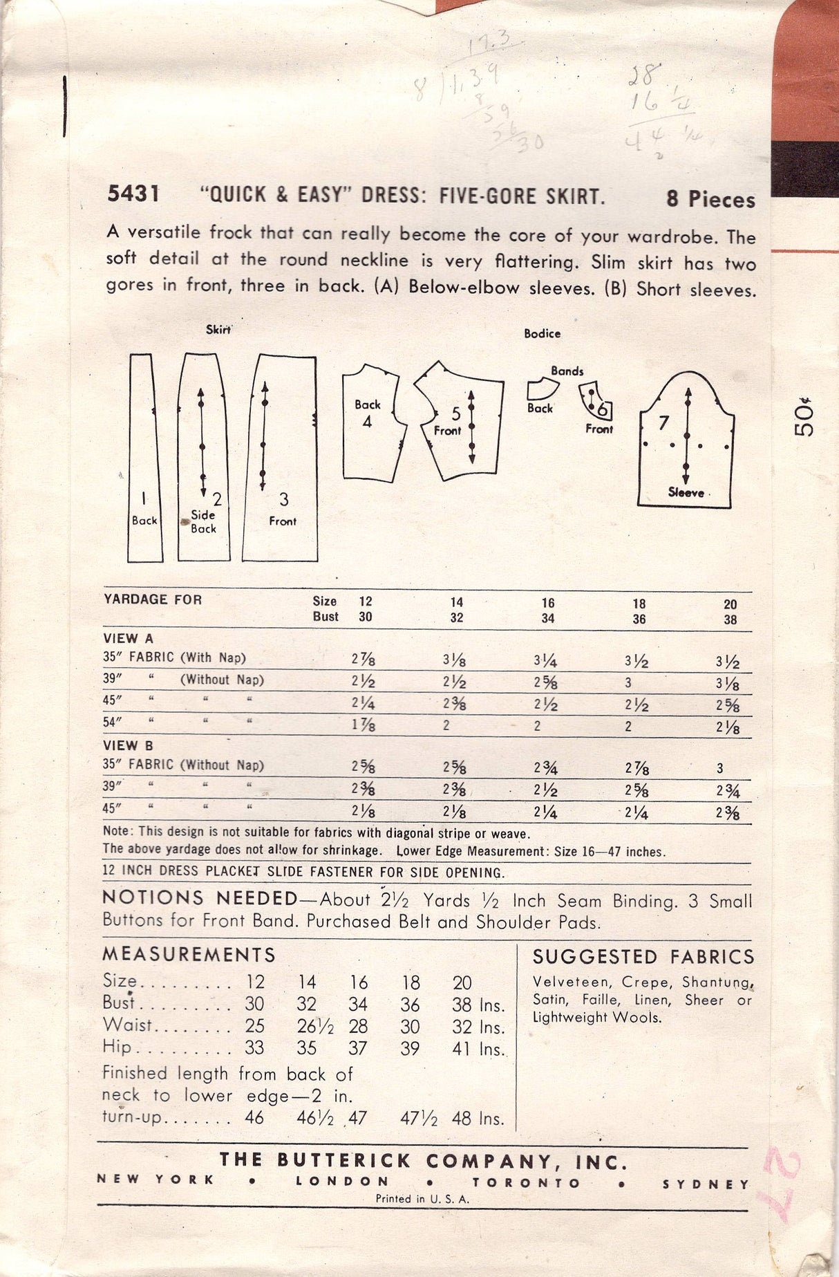 1950's Butterick Sheath Dress Pattern with Slit Neckline and Banded Neckline - Bust 32" - No. 5431