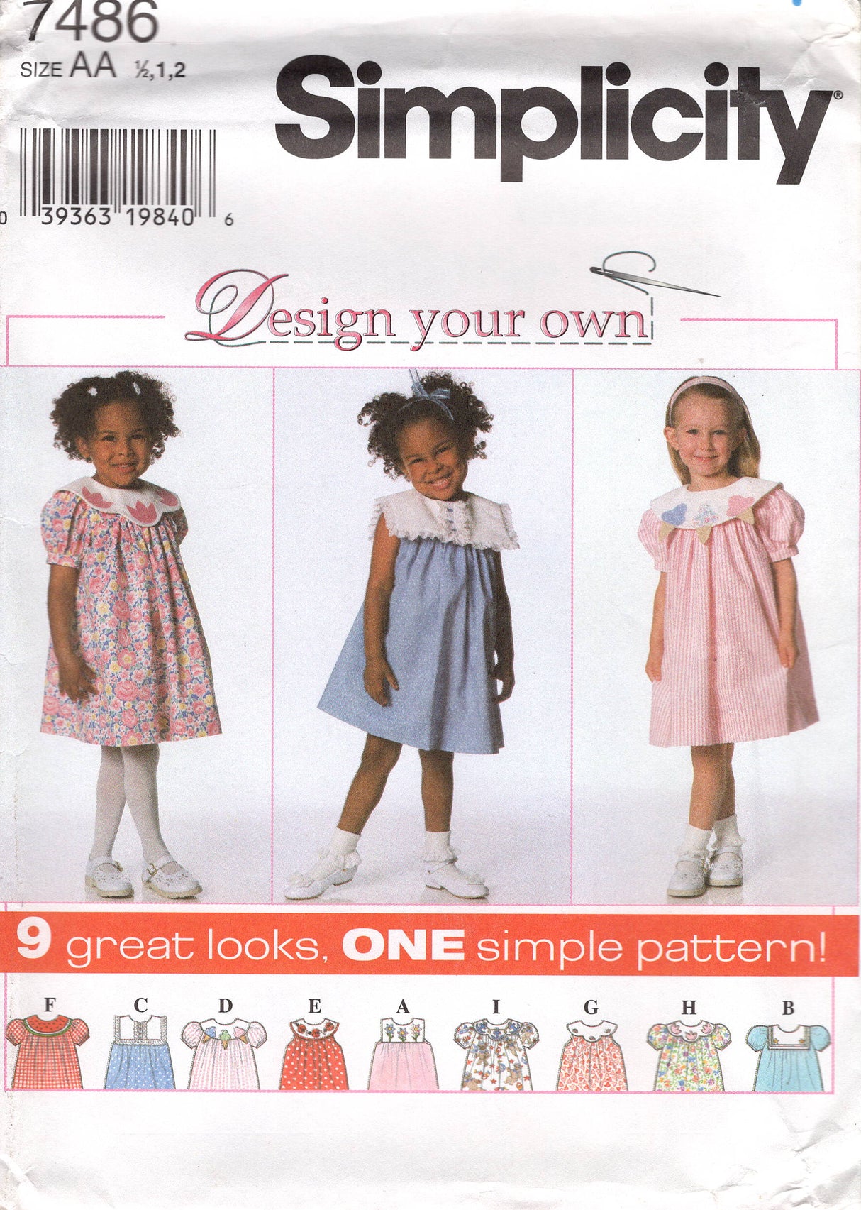 1990's Simplicity Child's One Piece Yoked Dress in 9 different styles, including an Ice Cream Cone Yoke - Size 6mo, 1 2 - No. 7486