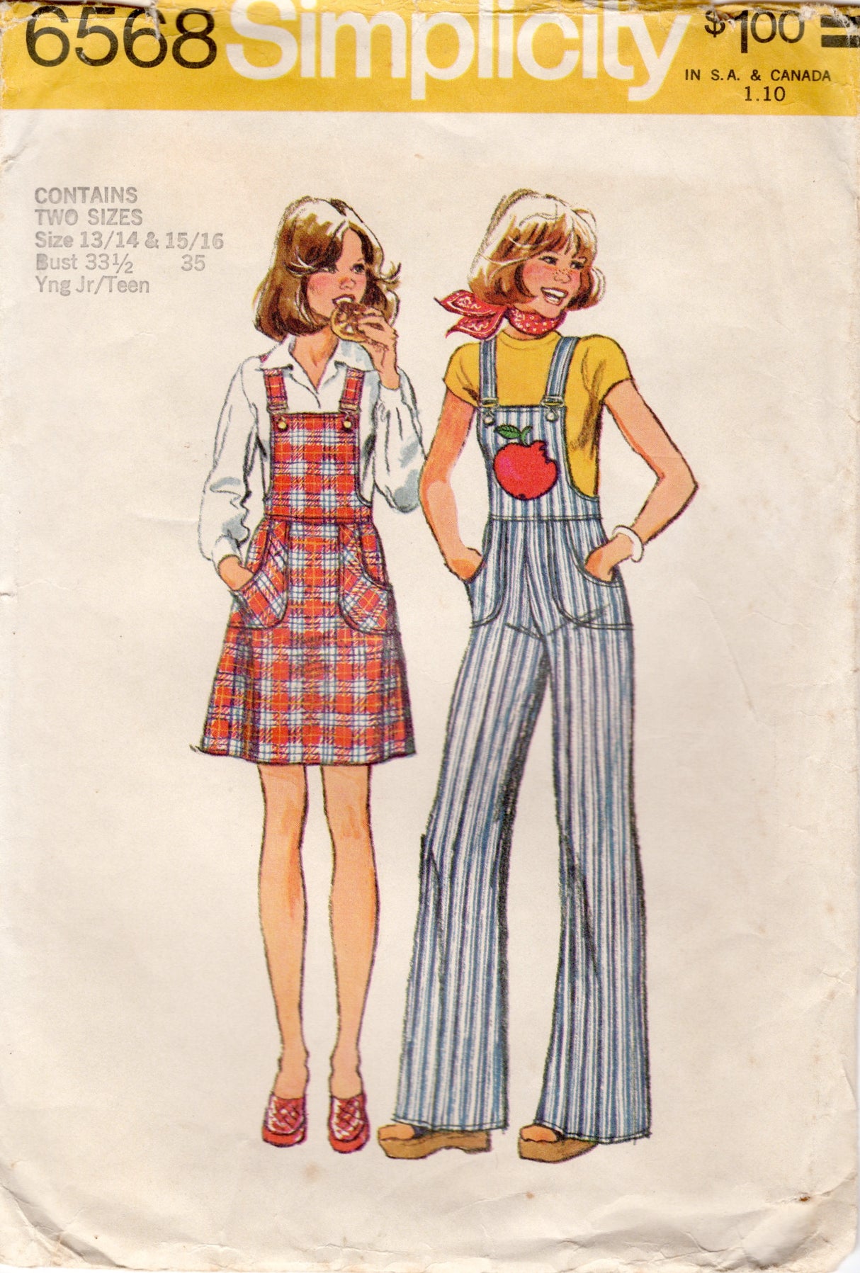 1970's Simplicity Overalls and Overall Jumper Dress Pattern - Bust 33.5-35" - No. 6568