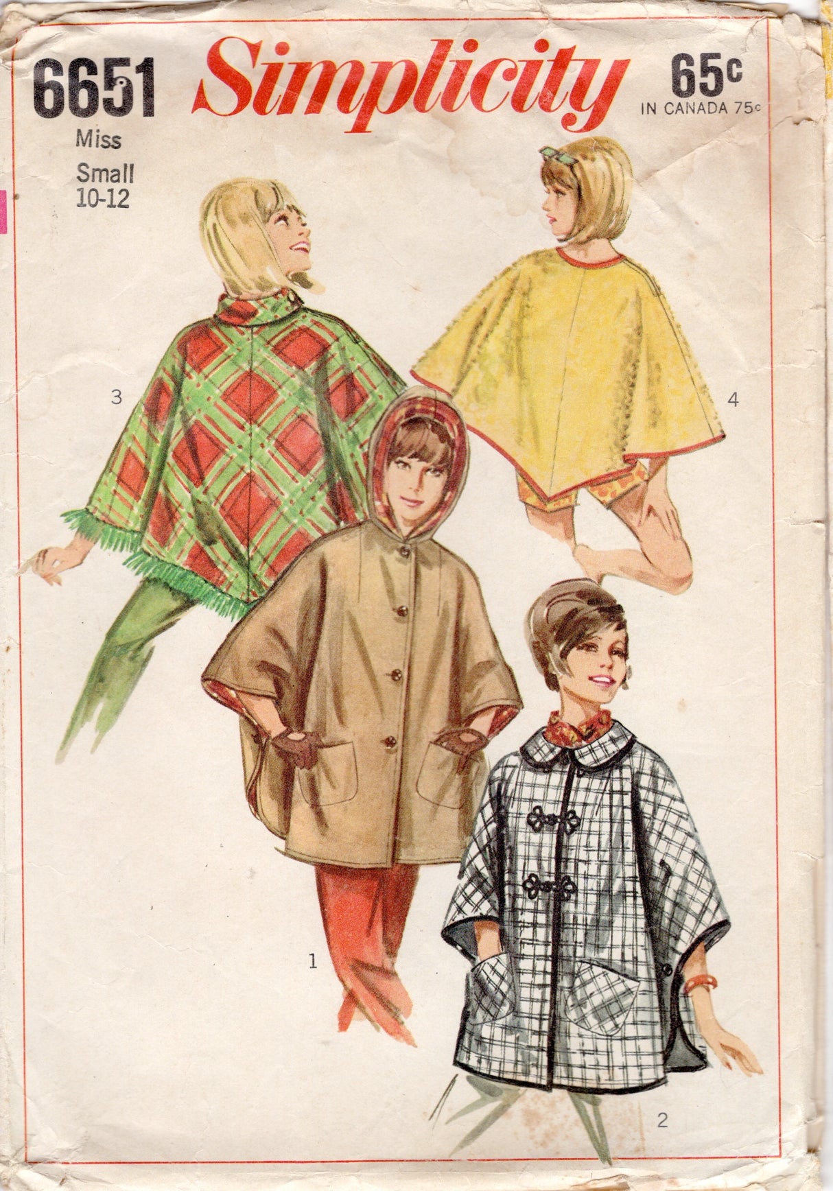 1960's Simplicity Set of Poncho's with or without Hood Pattern - Bust 31-32" - No. 6651