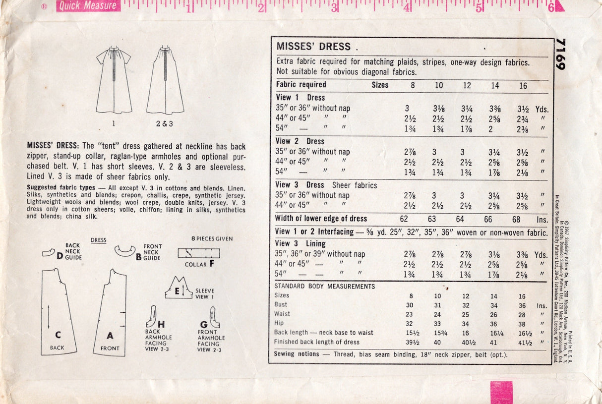 1960's Simplicity Tent Dress Pattern - Bust 31"  - no. 7169