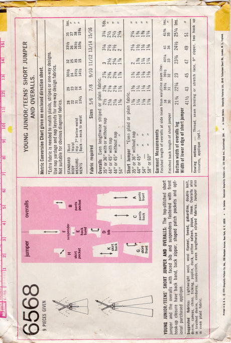 1970's Simplicity Overalls and Overall Jumper Dress Pattern - Bust 33.5-35" - No. 6568