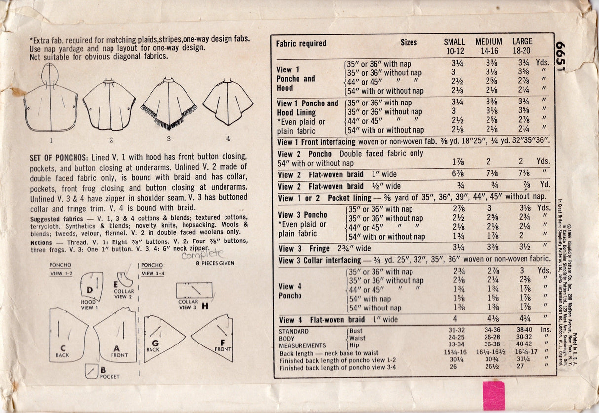 1960's Simplicity Set of Poncho's with or without Hood Pattern - Bust 31-32" - No. 6651