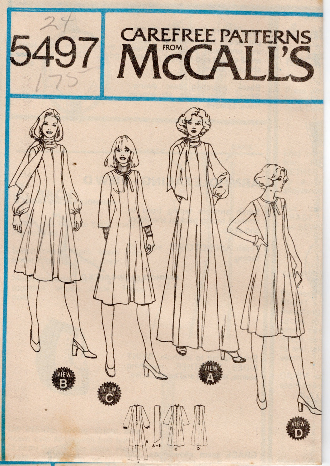 1970's McCall's Princess Line Dress with Keyhole Neckline and Scarf - Bust 36-46