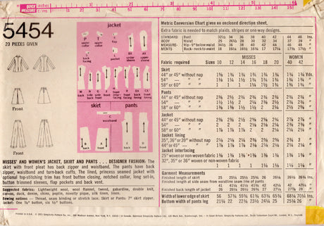 1970's Simplicity Princess Line Jacket, Skirt and Pants Pattern - Bust 44" - No. 5454