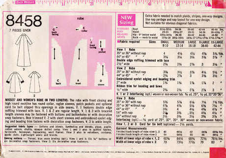 1960's Simplicity Robe pattern in Two Lengths - Bust 38-40" - No. 8458