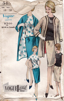 1960’s Vogue Blouse, Straight Line Skirt and Coat Pattern - Bust 38” - No. 5457