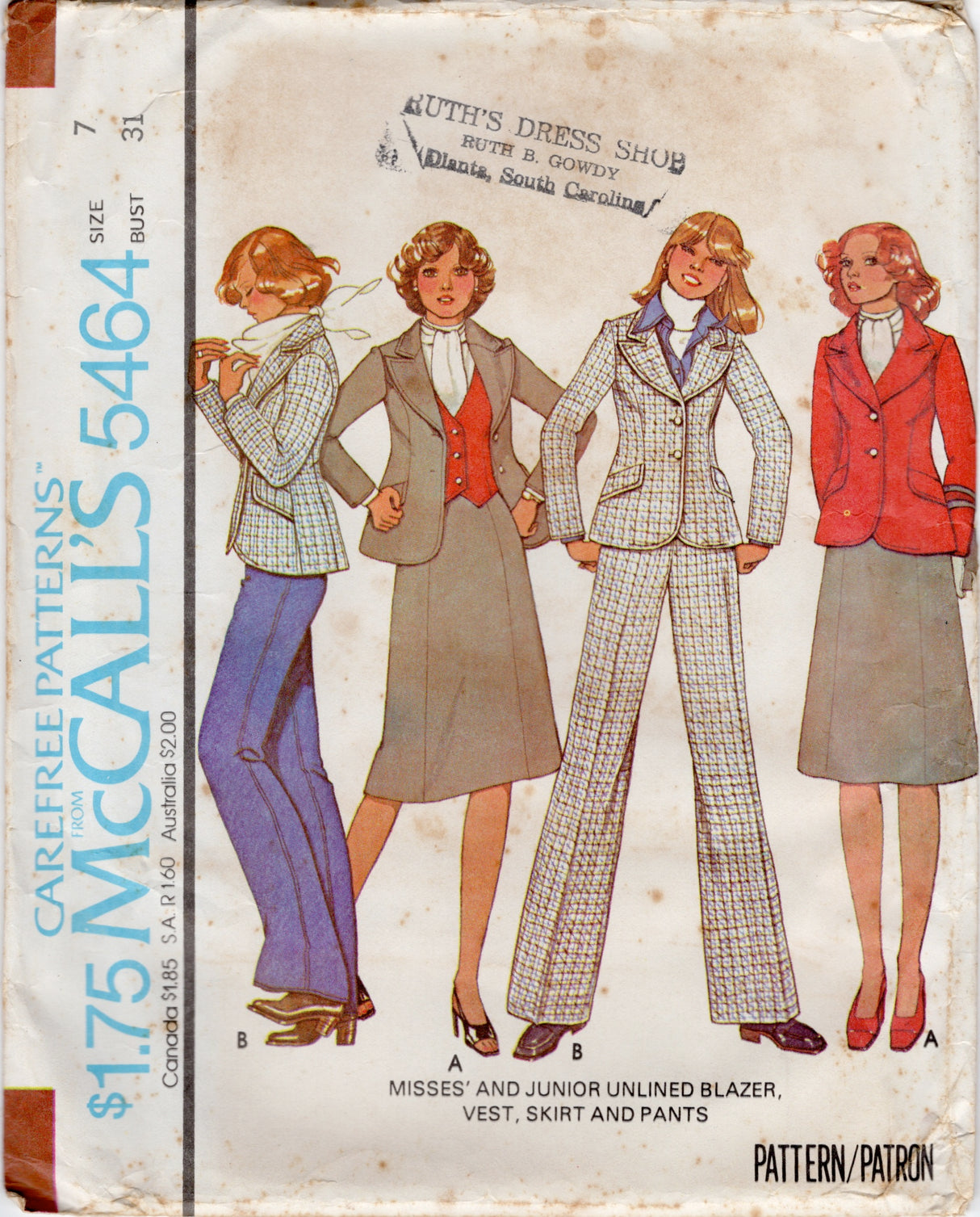 1970's McCall's Unlined Princess line Blazer, Vest, A line Skirt, and High Waisted Pants Pattern - Bust 32-33.5" - No. 5464