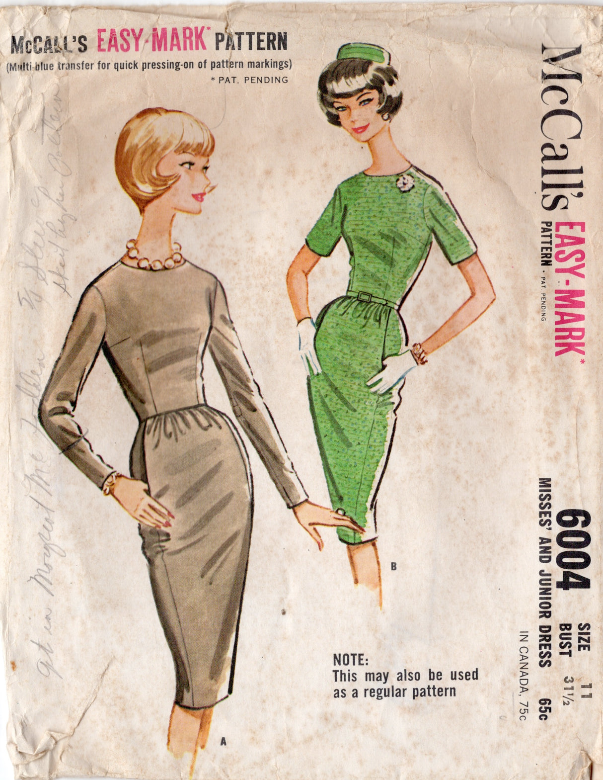 1960's McCall's One Piece Sheath Dress Pattern with Pockets - Bust 31.5" - No. 6004