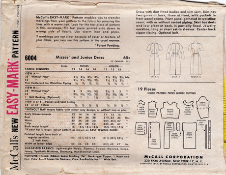 1960's McCall's One Piece Sheath Dress Pattern with Pockets - Bust 31.5" - No. 6004