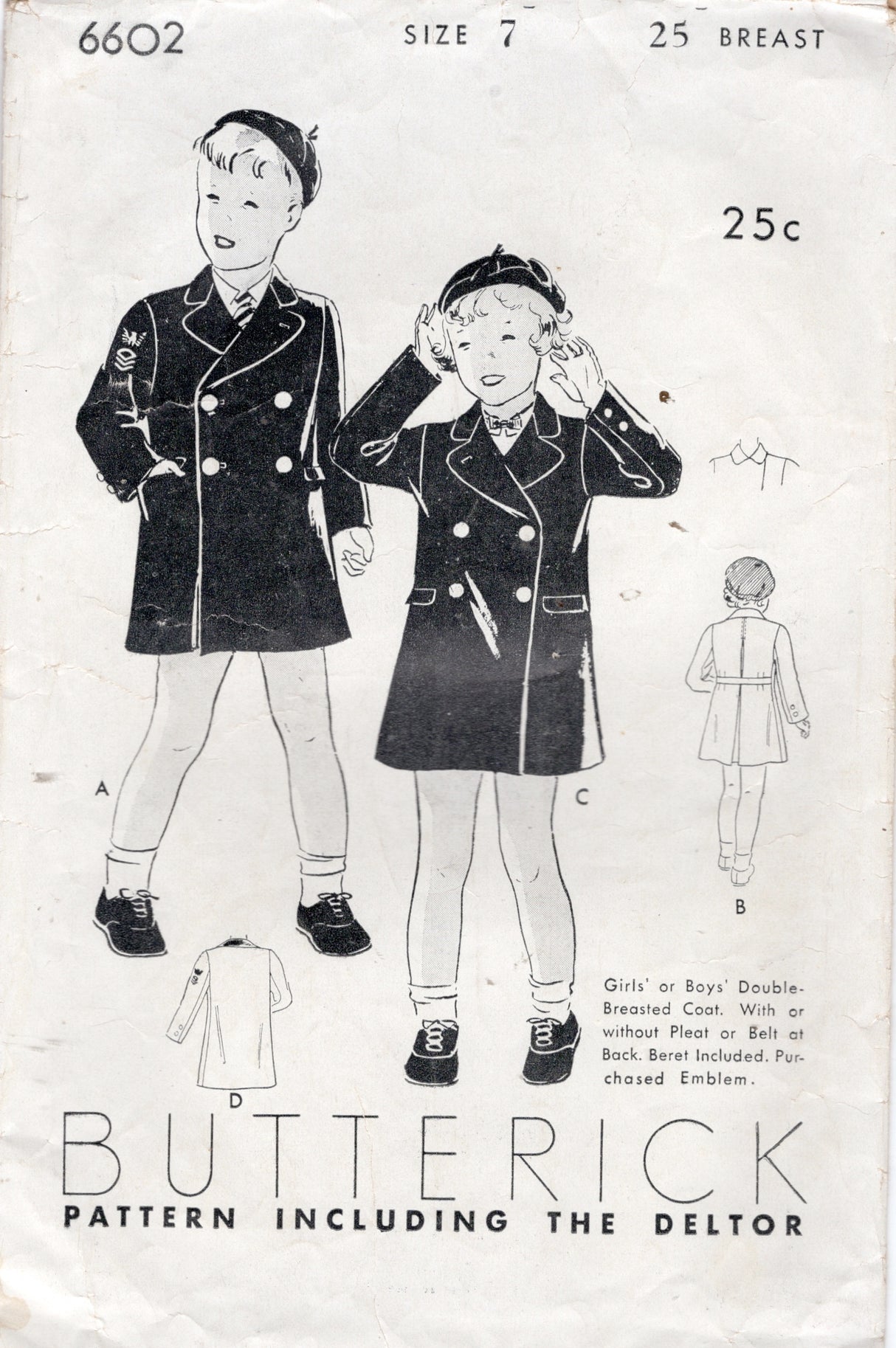 1940's Butterick Child's Double Breasted Coat and Beret Pattern - Chest 25" - No. 6602