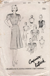 1930's Butterick One-Piece Dress Pattern with Gathered Bodice and Sleeves and optional Epaulets and Vestee - Bust 36" - No. 8314