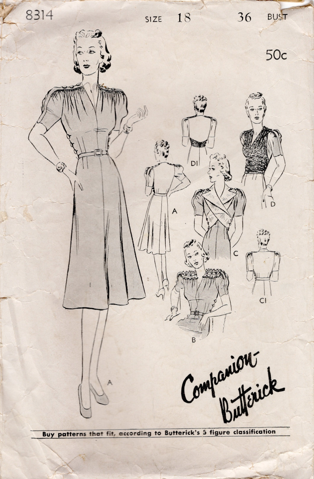 1930's Butterick One-Piece Dress Pattern with Gathered Bodice and Sleeves and optional Epaulets and Vestee - Bust 36