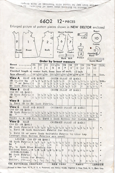 1940's Butterick Child's Double Breasted Coat and Beret Pattern - Chest 25" - No. 6602