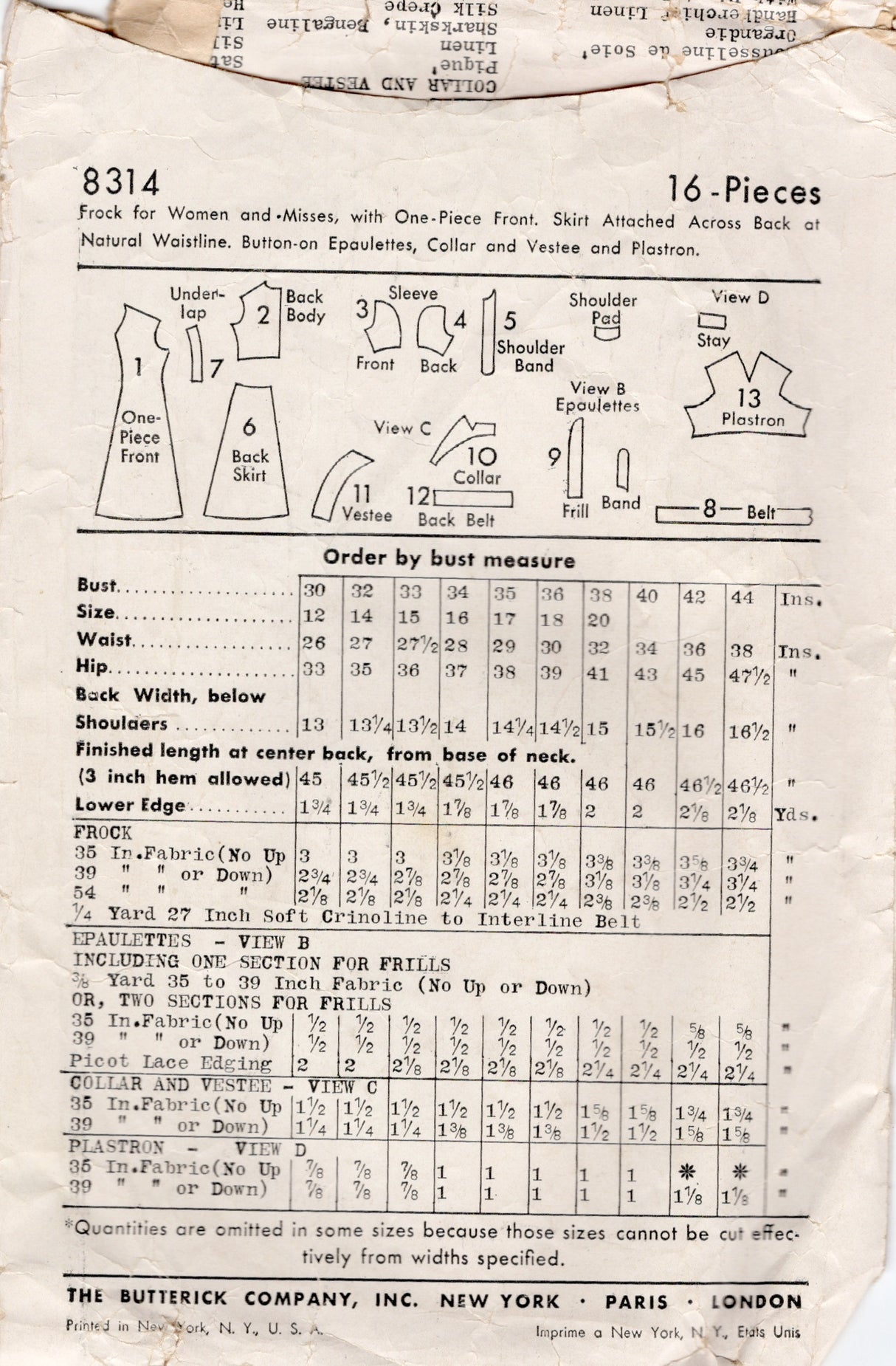 1930's Butterick One-Piece Dress Pattern with Gathered Bodice and Sleeves and optional Epaulets and Vestee - Bust 36" - No. 8314