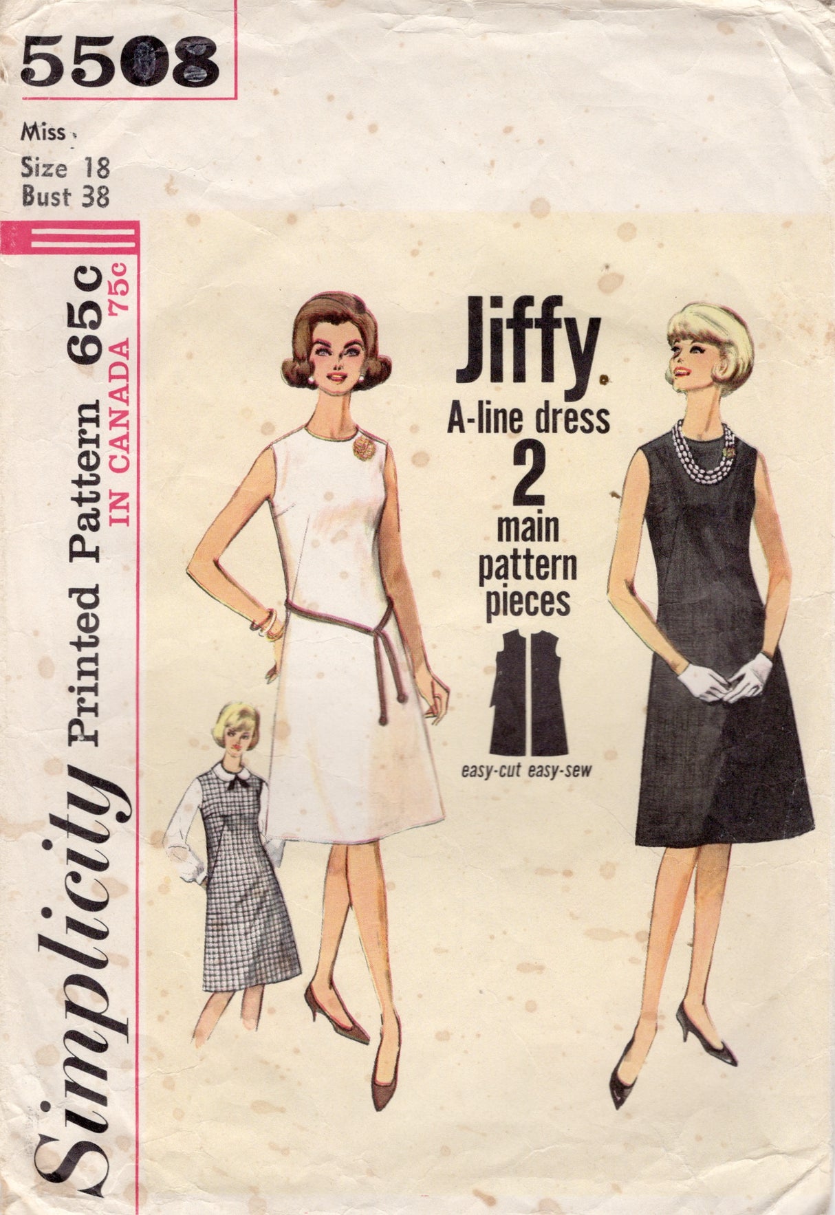 1960's Simplicity Jiffy One Piece Sleeveless Dress - Bust 38" - No. 5508