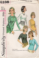 1960’s Simplicity Pullover Blouse Pattern - Bust 34" - No. 6138