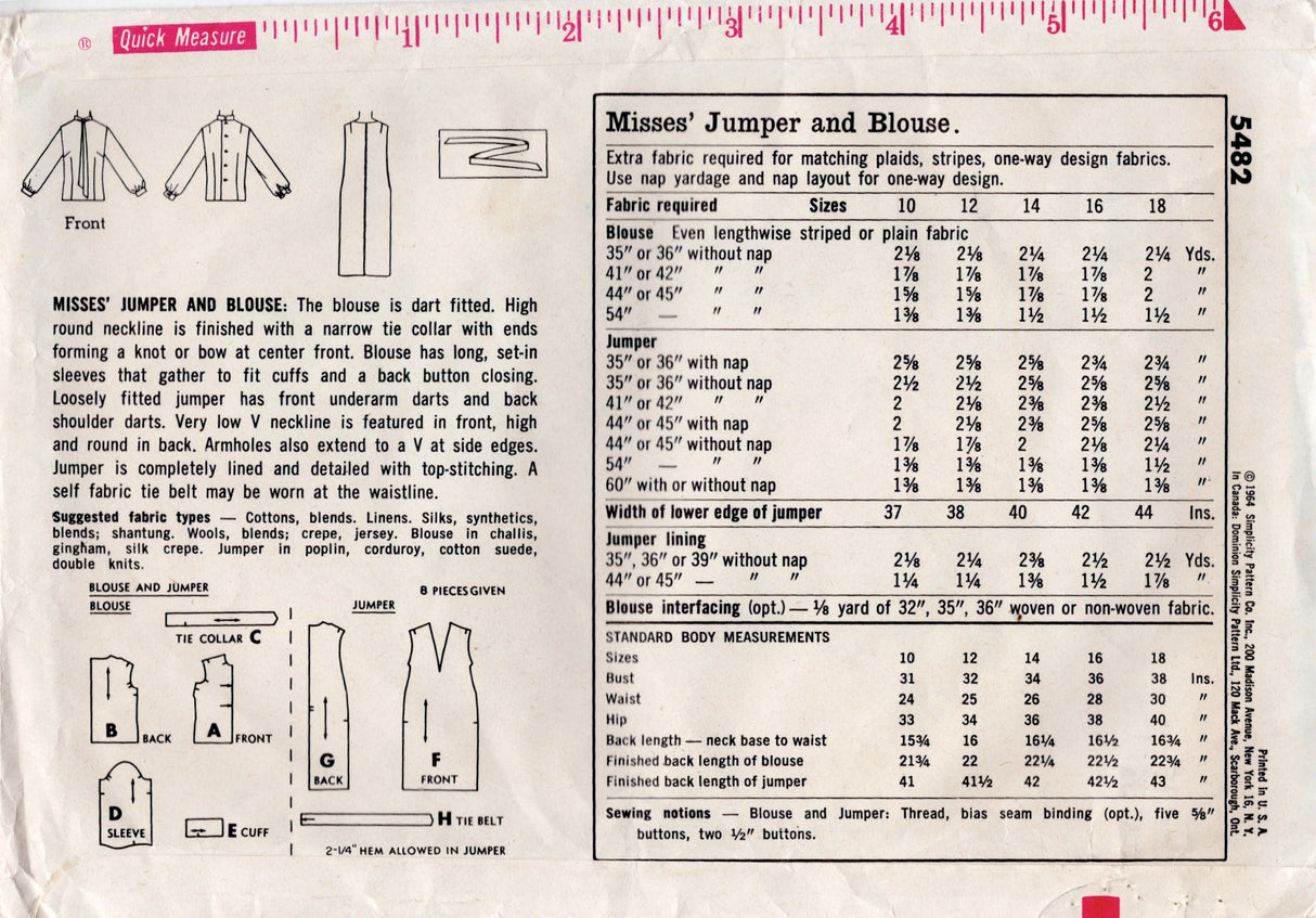 1960's Simplicity Blouse and Jumper Dress Pattern - Bust 36" - No. 5482