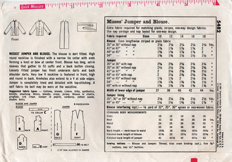 1960's Simplicity Blouse and Jumper Dress Pattern - Bust 36" - No. 5482