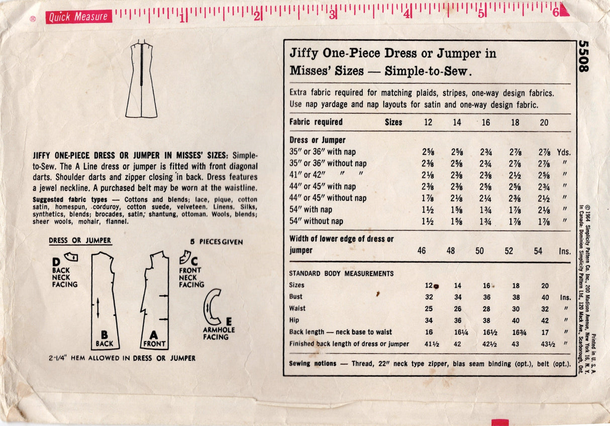 1960's Simplicity Jiffy One Piece Sleeveless Dress - Bust 38" - No. 5508