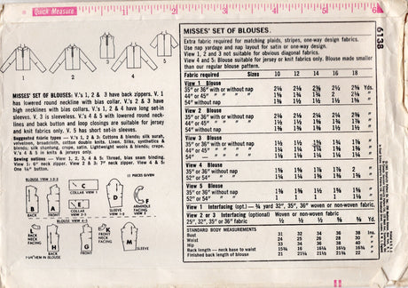 1960’s Simplicity Pullover Blouse Pattern - Bust 34" - No. 6138