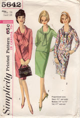1960's Simplicity One Piece or Two Piece Dress Pattern with Tie Collar  - Bust 34" - No. 5642