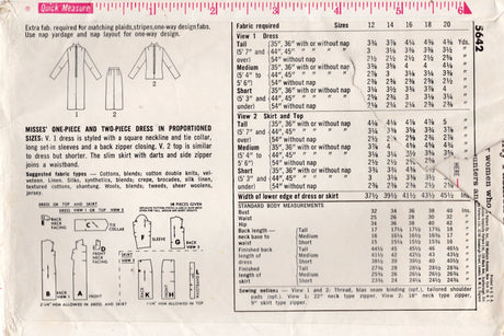 1960's Simplicity One Piece or Two Piece Dress Pattern with Tie Collar  - Bust 34" - No. 5642