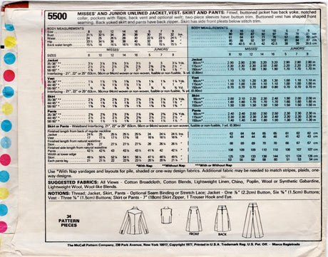 1970's McCall's Unlined Jacket, Vest, Skirt and Pants pattern - Bust 32" - No. 5500