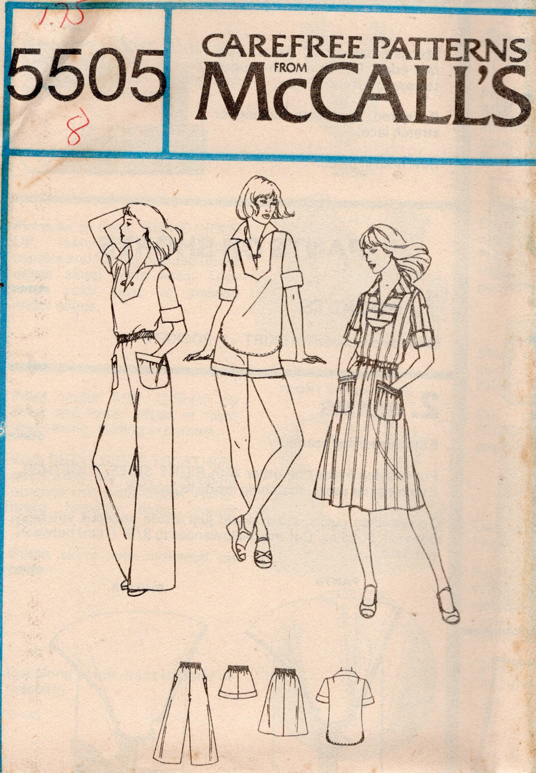 1970's McCall's Yoked Top with Large Collar, A-line Skirt, and Shorts or Pants Pattern  - Bust 31.5-34
