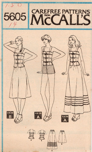 1970's McCall's Fitted Top with Trim, Midi or Maxi A-line Skirt Pattern  - Bust 31.5-36