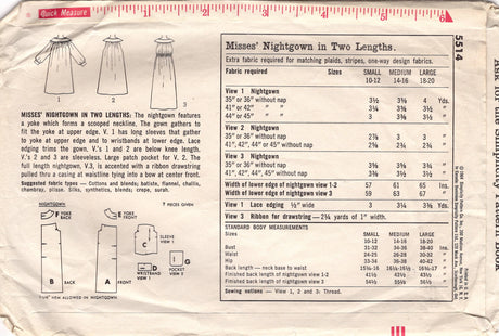 1960's Simplicity Yoked Nightgown pattern - Bust 31-32" - No. 5514