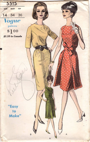 1960's Vogue Day Dress with Flyaway Overskirt Pattern - Bust 34