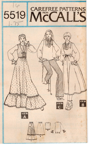 1970's McCall's Long Sleeve Blouse, Vest, Ruffled Maxi Skirt Pattern  - Bust 31.5-38