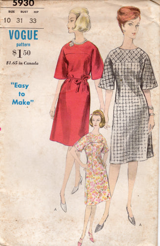 1960’s Vogue One Piece Large Yoke Dress Pattern with Wide Sleeves - Bust 31” - No. 5930