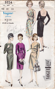 1960’s Vogue One Piece Fitted Waist Dress Pattern with Low Cut Back - Bust 31” - No. 5524