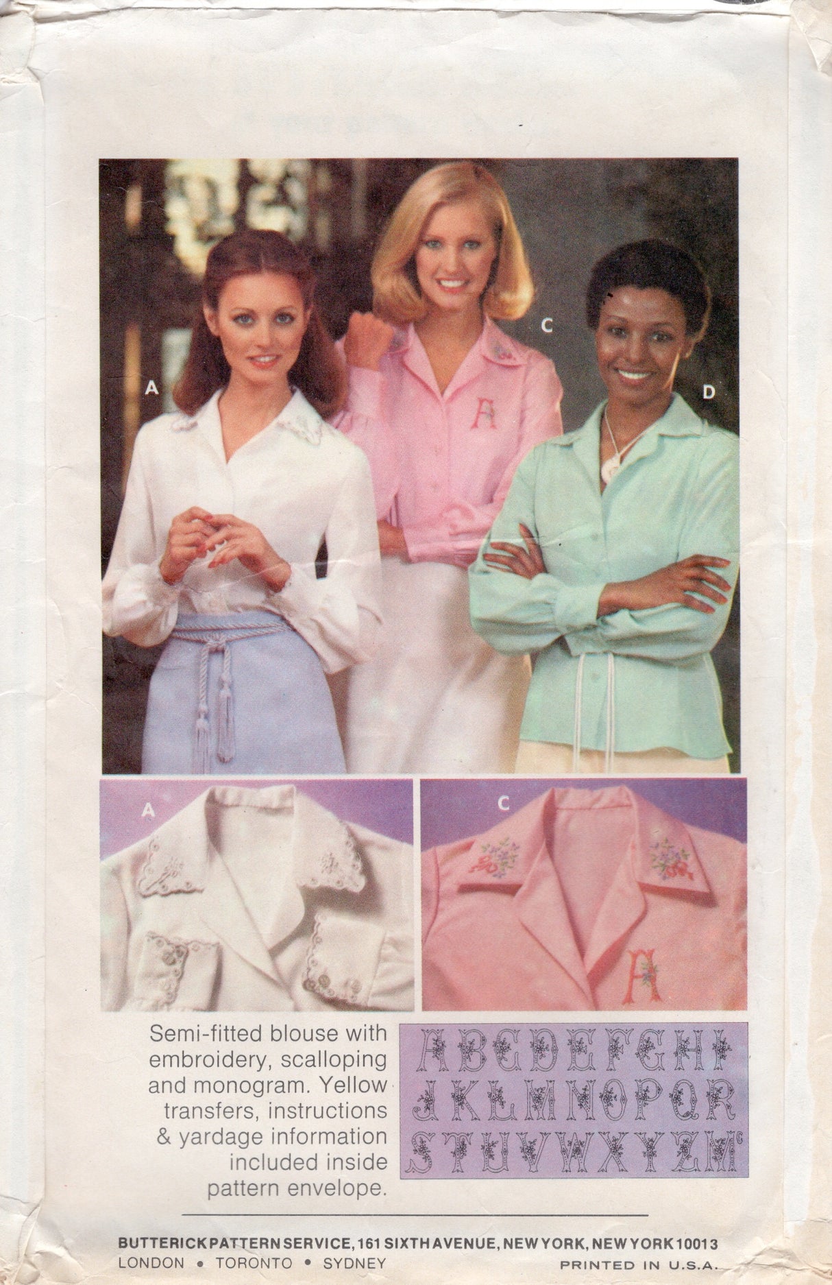 1970's Butterick Embroidered button Up Blouse pattern with Transfers - Bust 32.5" - No. 5525