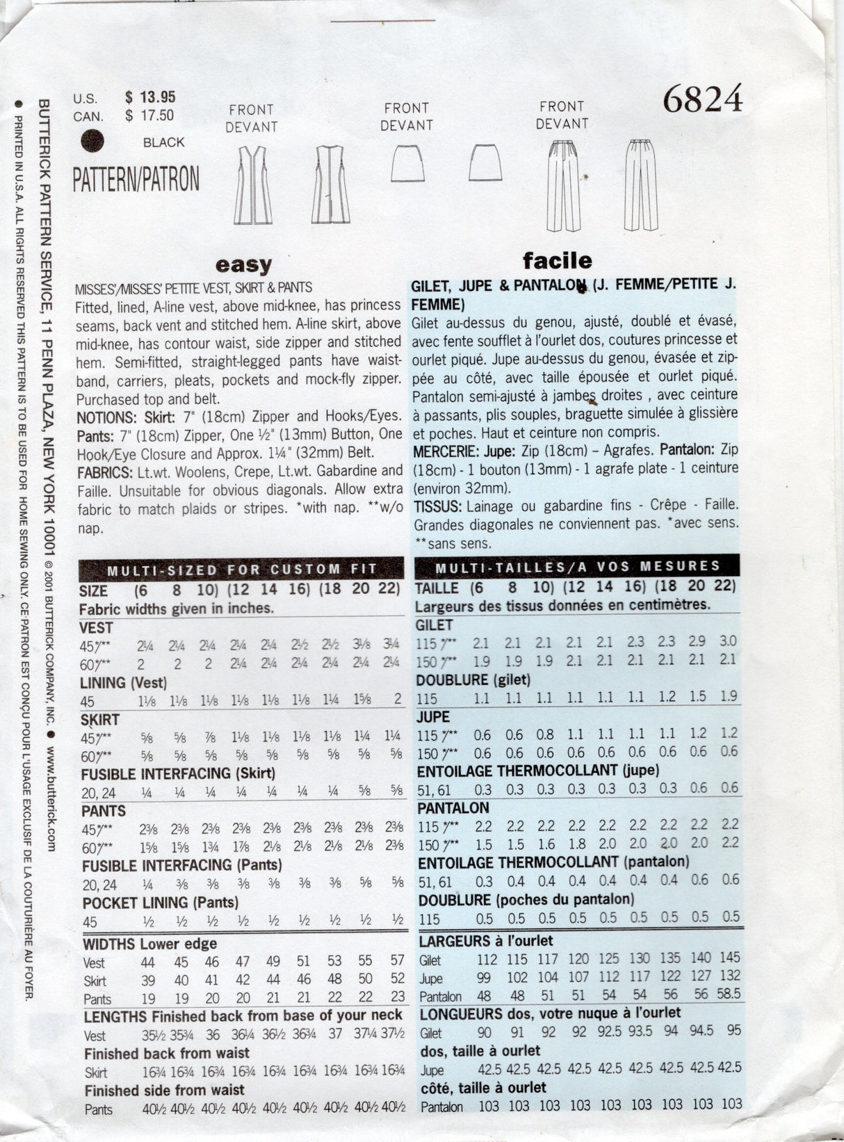 2000's Butterick Vest, Pants and Mini Skirt Pattern - Bust 34-38" - No. 6824