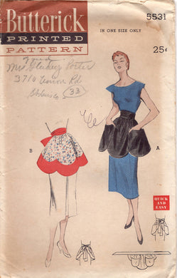 1950's Butterick Half Apron Pattern with Pocket - OS - No. 5531