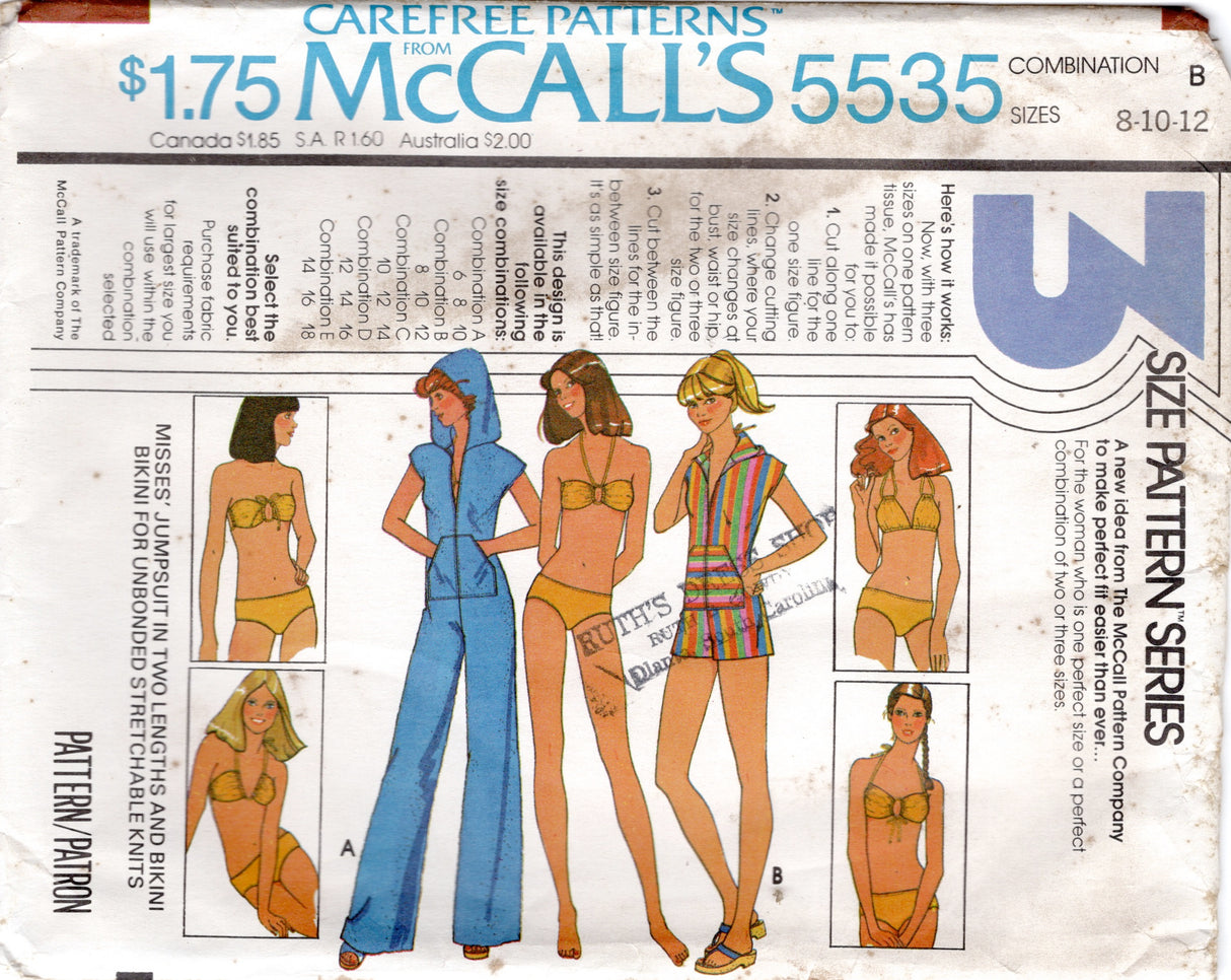 1970's McCall's Two Piece Swimsuit and Hooded Jumpsuit pattern - Bust 30.5-40" - No. 5535