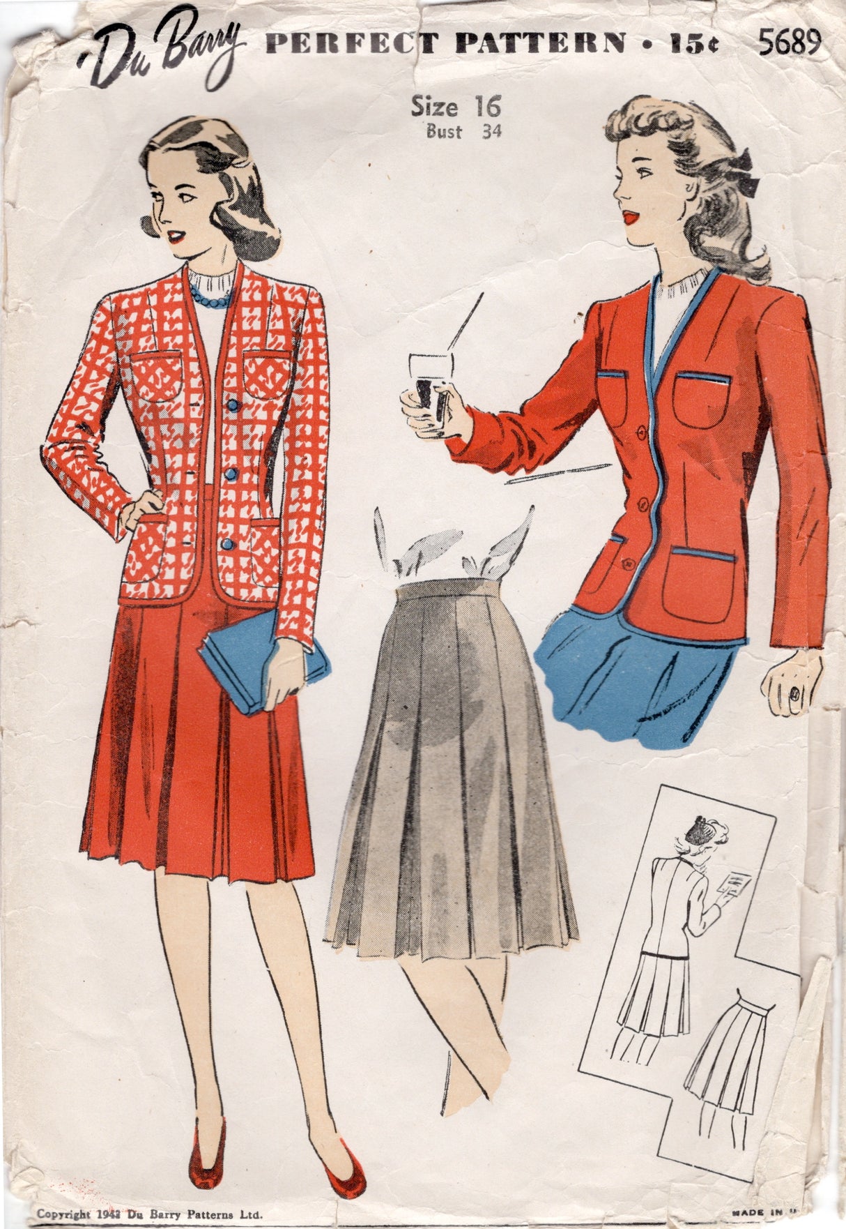 1940's DuBarry Jacket and Pleated Skirt Pattern - Bust 34" - No. 5689