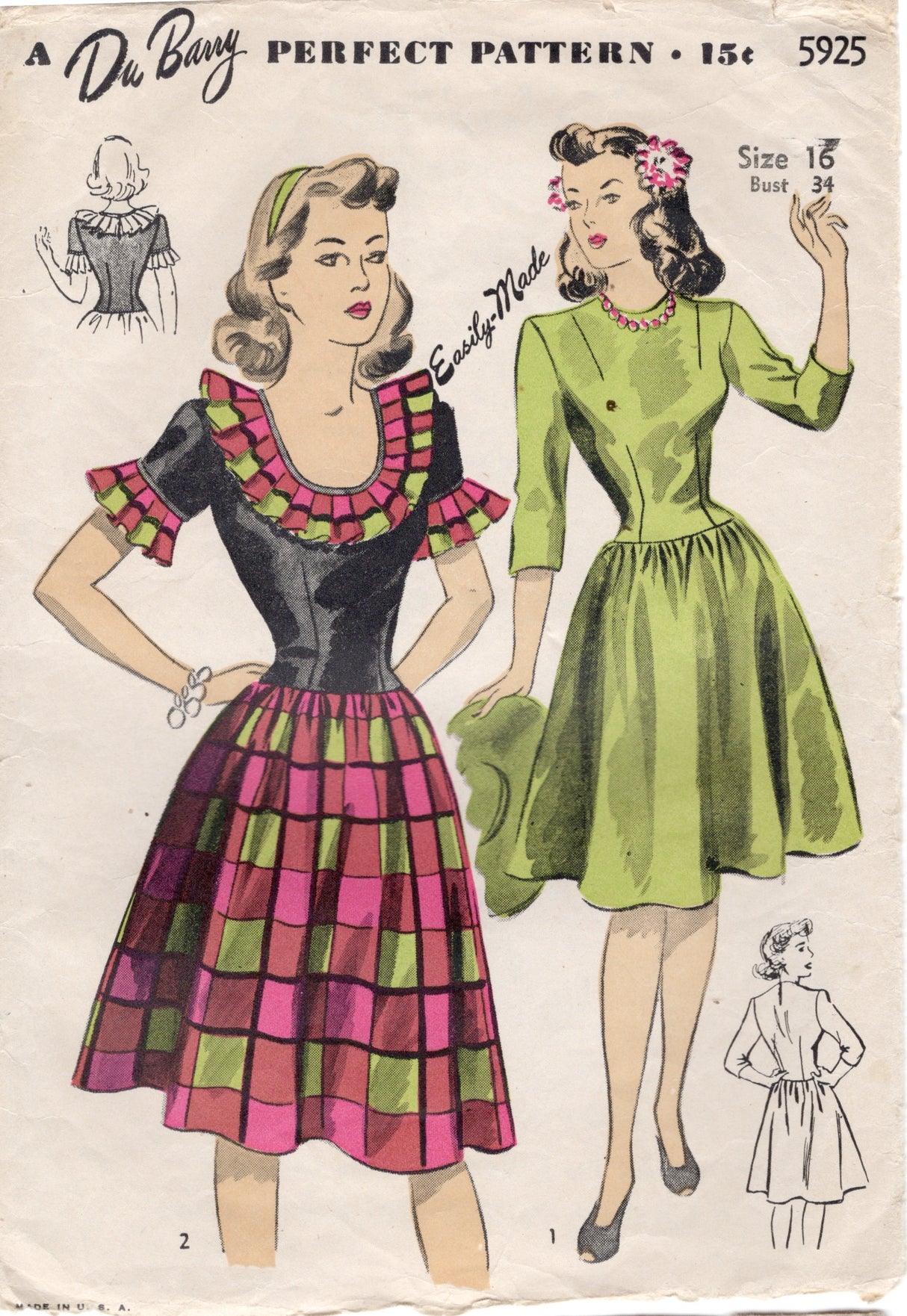 1940's DuBarry Scoop Neck Dress Pattern with Ruffle Collar and Sleeve detail - Bust 34" - No. 5925