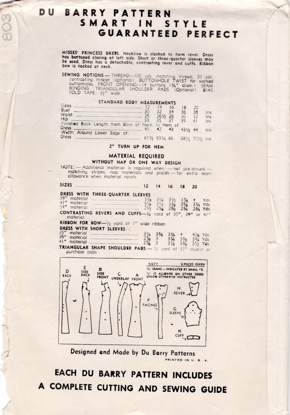 1940's DuBarry Princess Line Side Button Dress Pattern - Bust 34" - No. 5977