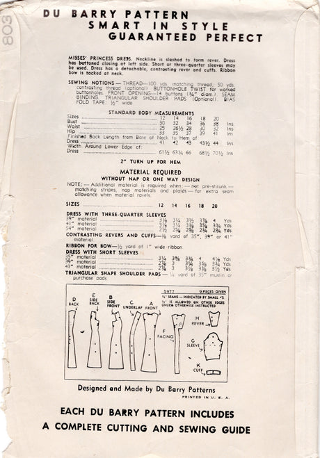 1940's DuBarry Princess Line Side Button Dress Pattern - Bust 34" - No. 5977