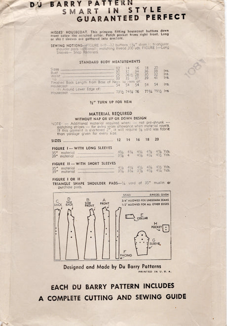 1940's DuBarry Princess Line Housecoat Pattern - Bust 34" - No. 5543