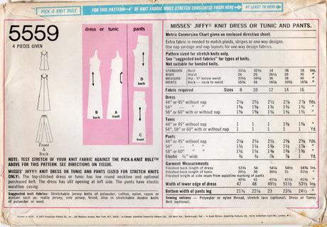 1970's Simplicity Jiffy Knit Tunic or Dress and Pants pattern - Bust 38" - No. 5559