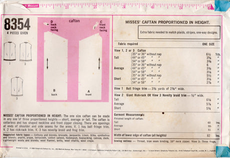 1960's Simplicity Caftan Dress Pattern - One Size - No. 8354