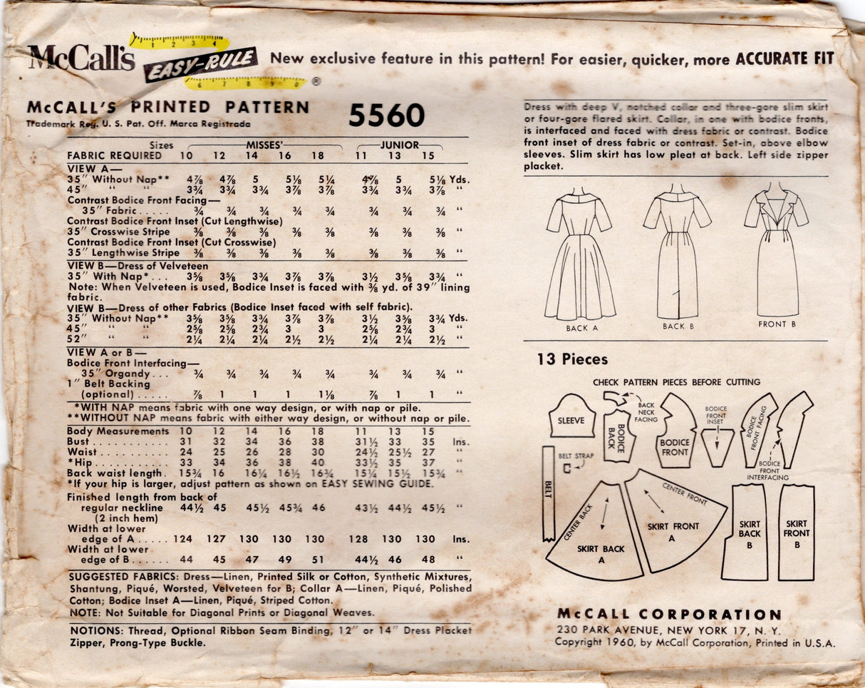 1960's McCall's Large Collar Dress Pattern with Slim or Flared Skirt - Bust 34" - No. 5560
