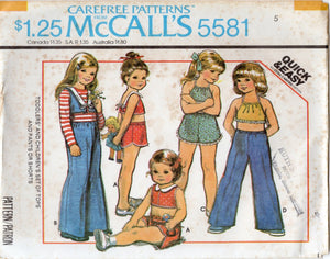 1970's McCall's Child's Summer tops, shorts and pants pattern - Chest 21-25" - No. 5581